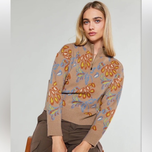 Current Air Los Angeles FLORAL JACQUARD ZIP SWEATER TAUPE MULTI SMALL - Picture 1 of 15